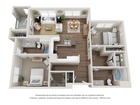 Floor plan for 2 beds, 2 baths, 1073 sqft